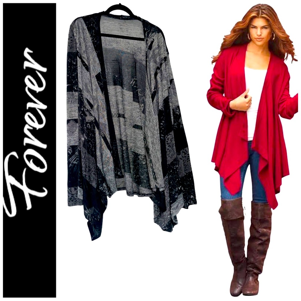Forever Woman Gray black sheer drape wrap cardigan size 2XL sweater light flowy